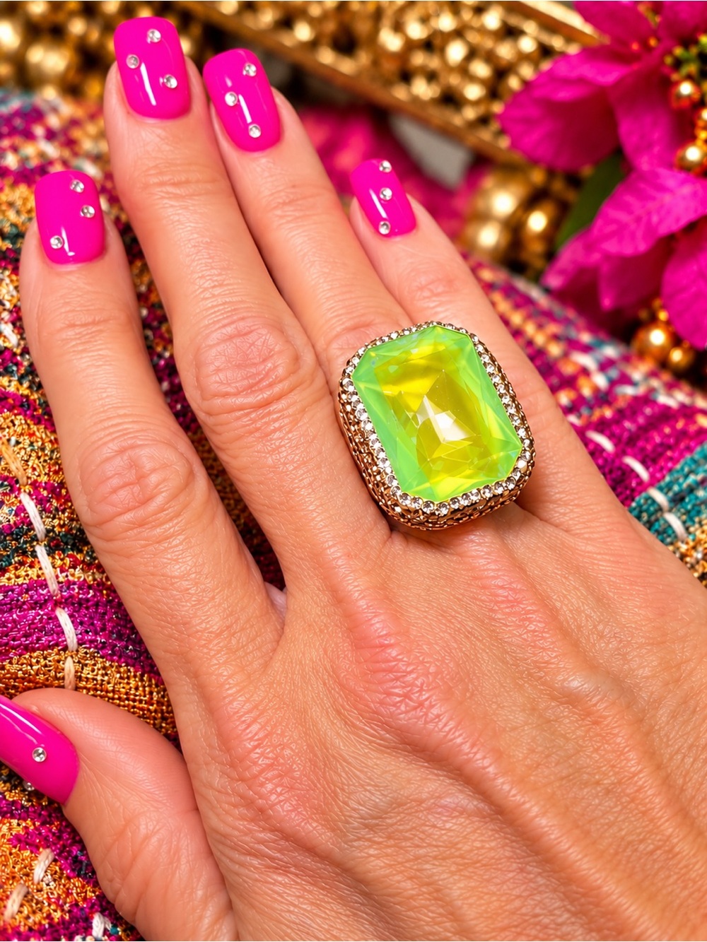 Neon Green Crystal Statement Ring - Women Jewelry